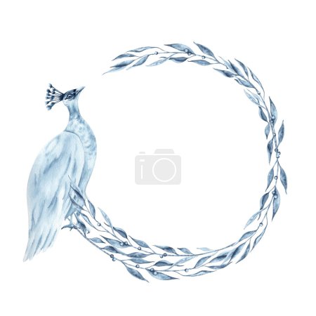 Wreath with blue peafowl and laurel leaves. Hand drawn watercolor illustration isolated on white background. Indigo monochrome frame with a peahen. Copy space for cards and wedding invitation designs