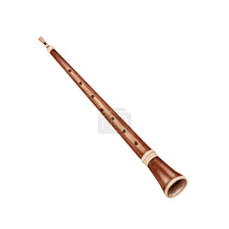 Die klassische Oboe. Handgezeichnetes Vintage-Holzblasinstrument. Gestaltungselemente für Sinfonie- oder Kammerkonzerte, Plakate, Noten. Aquarell-Illustration isoliert auf weißem Hintergrund