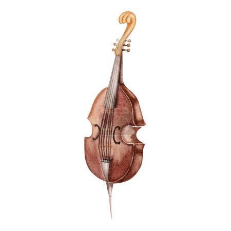 Vintage Double Bass musical instrument. Classical string viola da gamba. Hand drawn watercolor illustration isolated on white background. For symphony concert posters, opera flyers, wedding cards