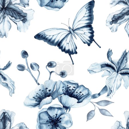 Monochrome floral seamless pattern with butterflies. Blue indigo iris flowers with cherry blossoms. Hand drawn watercolor illustration isolated on white background. For endless textile fabric designs
