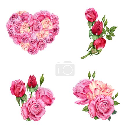 Las rosas rosadas aman las composiciones del corazón. Ped brotes de flores arreglos establecidos. Ilustración acuarela dibujada a mano aislada sobre fondo blanco. Tarjetas florales de San Valentín, invitaciones de cumpleaños o boda, impresiones