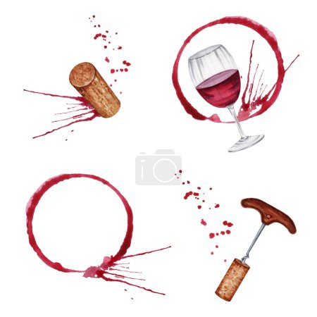 Red wine stain with splashes. Wine corkscrew with bottle stoppers. Wine glass with red splatter. Hand drawn watercolor illustration isolated on white background. Set of wine tasting design elements