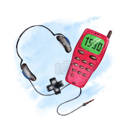 Alte Mobiltelefone, Headset mit Kabel und Gaming-Taste. Handgezeichnete Aquarell-Illustration isoliert mit blauem Wash-Hintergrund. 80er und 90er Jahre Themen-Design für T-Shirt-Prints, Aufkleber und Karten
