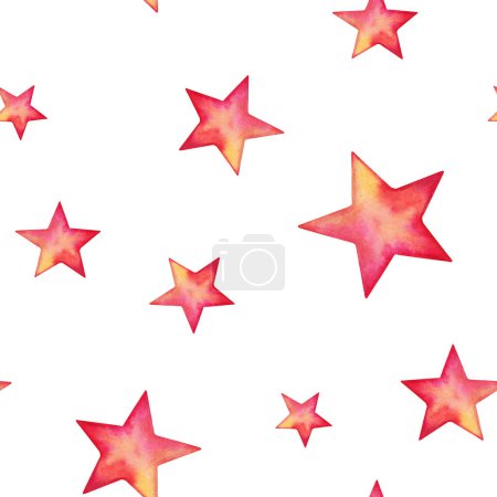 Sternformen in roten und gelben Farben, nahtlose Muster. Handgezeichnete Aquarell-Illustration isoliert auf weißem Hintergrund. 80er und 90er Jahre Themen-Design für Textilien, T-Shirt-Prints oder Kinderzimmertapeten