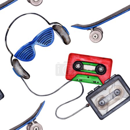 Headset mit Walkman und Kassette nahtlos Muster. Sonnenbrillen und Skateboard-Malerei. Aquarell-Illustration isoliert auf weißem Hintergrund. 80er und 90er Jahre Themen-Design für Stoff, Bucheinband oder Tapete