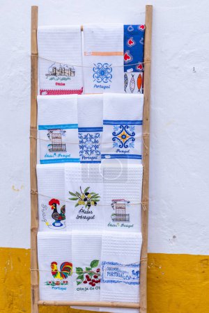 Photo for Europe, Portugal, Obidos. April 15, 2022. Artisanal towels for sale in Obidos. - Royalty Free Image