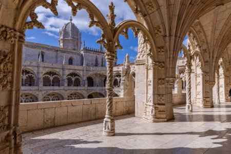 Photo for Europe, Portugal, Lisbon. April 19, 2022. The Jeronimos Monastery, burial site of Vasco da Gama, and an example of Portugese Gothic Maueline architecture. A UNESCO World Heritage Site. - Royalty Free Image
