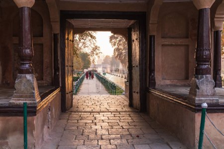 Photo for Srinagar, Jammu and Kashmir, India. October 30, 2022. Doorway in stone building in Mughal Garden. - Royalty Free Image