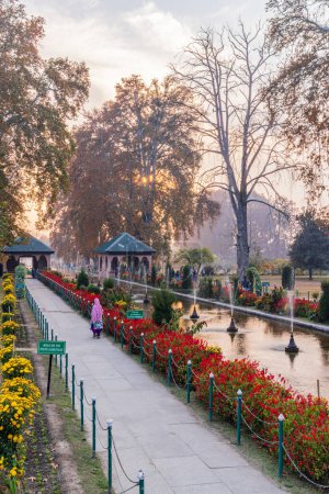 Photo for Srinagar, Jammu and Kashmir, India. October 30, 2022. Decorative fountain in Mughal Garden. - Royalty Free Image