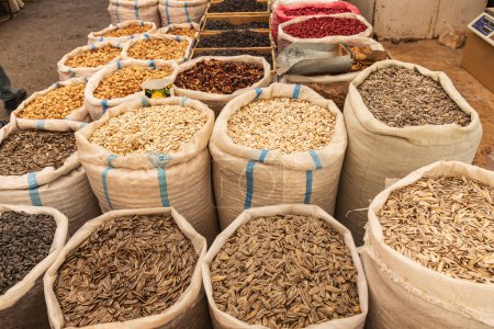 Bukhara, Uzbekistan, Central Asia. Spices and dried food for sale at a market in Bukhara.