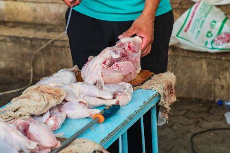 Bukhara, Uzbekistan, Central Asia. Fresh chicken for sale at a market in Bukhara.
