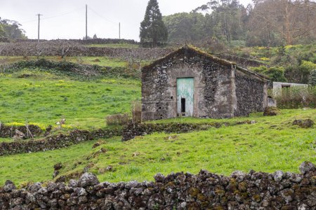 Biscoitos, Terceira, Azores, Portugal. Una cabaña de piedra en la isla de Terceira, Azores.