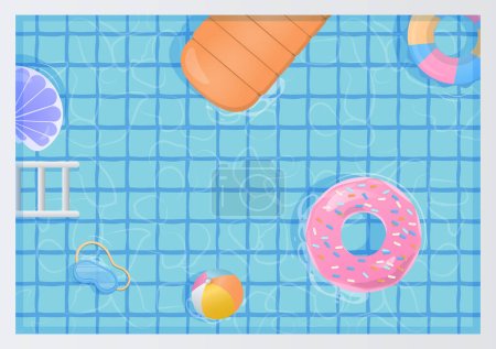 Summer background concept. Colorful inflatable ring and ball floating in the swimming pool with copy space.