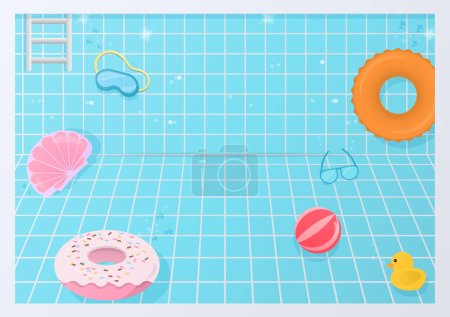 Concept de fond d'été. Multi-couleur de l'anneau de natation gonflable, balle, lunettes de soleil et masque de plongée dans la piscine avec espace de copie.
