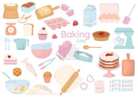 Colección de elementos de diseño de panadería, ingredientes y herramientas para hornear con texto en color pastel sobre fondo blanco.