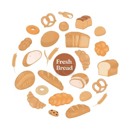 Illustration for Bread banner. Many kinds of bread with wheat and text on white background. Hand-drawn style. Vector illustration. - Royalty Free Image
