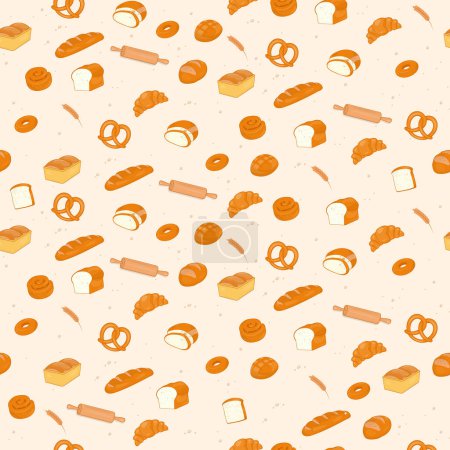 Illustration for Bakery seamless pattern. Bread and pastry baked items with a rolling pin and wheat on a beige background. - Royalty Free Image