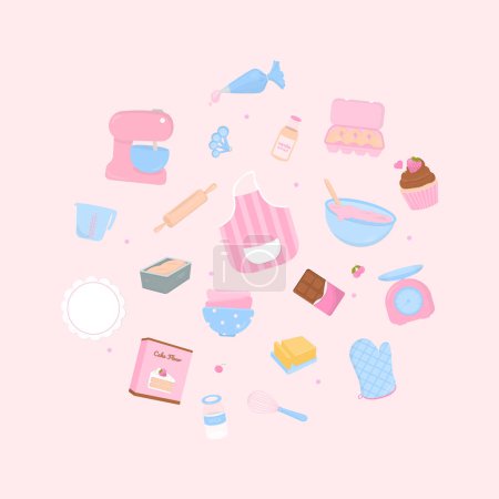 Ilustración de Banner de panadería. Lindos utensilios para hornear e ingredientes de panadería con una composición redonda. - Imagen libre de derechos