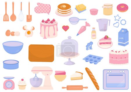 A set of baking utensils, bakery ingredients, and cake design elements on a white background.