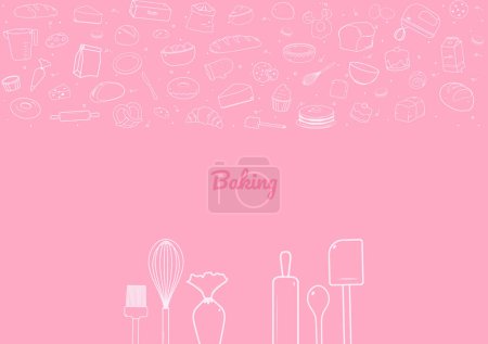 Ilustración de Fondo de panadería. Utensilios para hornear, ingredientes y productos de panadería en estilo dibujado a mano sobre un fondo rosa. - Imagen libre de derechos