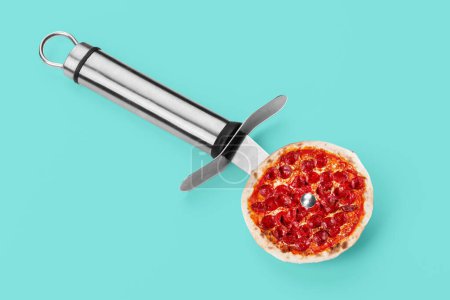 Photo for Pizza knife. Modern art collage. Salami pepperoni pizza and pizza knife. Modern food concept. - Royalty Free Image