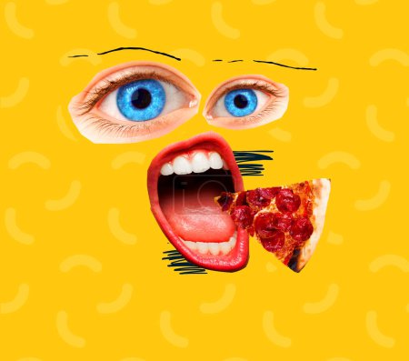 Photo for Modern art collage. Legs, lips and pizza. Modern food concept. - Royalty Free Image