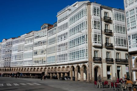 Téléchargez les photos : A Coruna, La Coruna. Galicia, Spain. February 2, 2023. View of the old gallery buildings facades - en image libre de droit