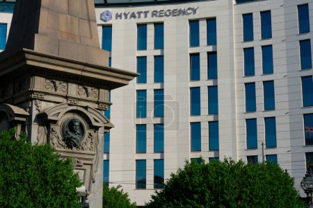 Photo for Sofia, Bulgaria. August 20, 2023. Hyatt Regency Sofia Hotel and Vasil Levsky monument - Royalty Free Image