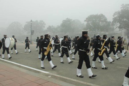 Photo for New Delhi, India-Jan 18 2022: Indian Navy soldier's contingent marches during the Republic day rehearsal at Rajpath, New Delhi. - Royalty Free Image