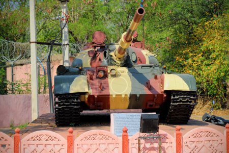 Photo for Hyderabad, Telangana, India 19 Feb 2023: Indian Army Battle Tank with Hindi Language Board - Royalty Free Image