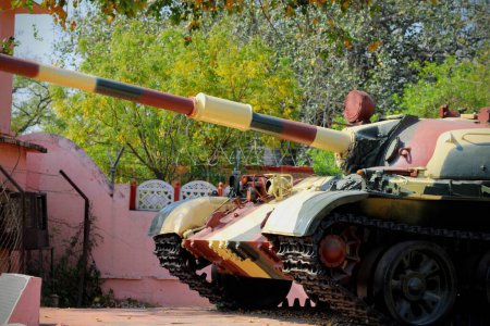 Photo for Hyderabad, Telangana, India 19 Feb 2023: Indian Army Battle Tank with Hindi Language Board - Royalty Free Image