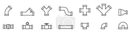 Illustration for Pipe fitting icon bundle, plumber symbol, pipe accecories tee, elbor, knee, reducer, valve, gauge - Royalty Free Image