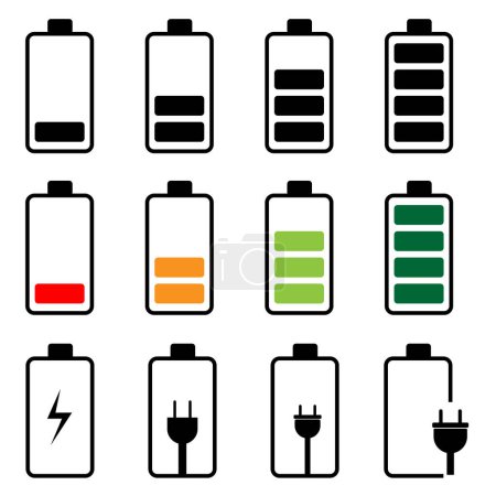 Ilustración de Indicador de batería e icono de carga de batería conjunto - Imagen libre de derechos