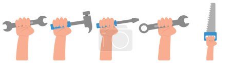 Téléchargez les illustrations : Outils à main de main de travailleur pour le marteau mécanique de réparation de travail, clé, tournevis - en licence libre de droit