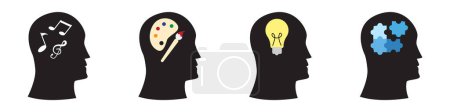 head with creativity icon silhouette icon music arts icon lamp idea creativity and puzzle icon inside head
