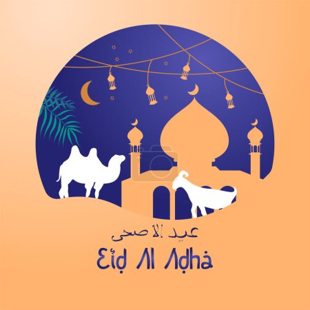 happy eid al adha greeting card with mosque in the night, goat and camel