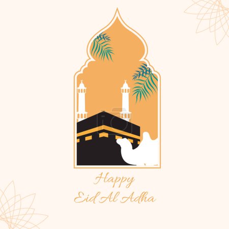 islamic eid al adha sacrificial day greeting card with ornamental arabic frame with sacrificial sheep goat cow and camel