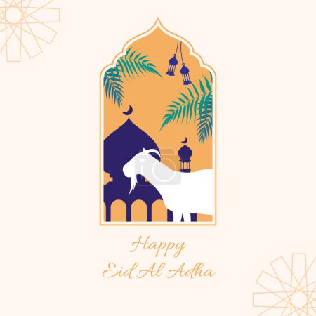 islamic eid al adha sacrificial day greeting card with ornamental arabic frame with sacrificial goat