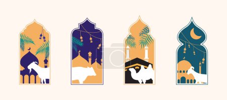 islamisch eid al adha Opfertag Grußkarte mit arabischem Zierrahmen mit Opferschaf Ziegenkuh und Kamel