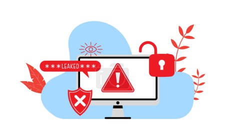 Cyber-Verbrechen gehackte Gerät von Hacker Illustrator mit Computermonitor Hacker-Symbol geleakt Passwort und Schädel-Symbol