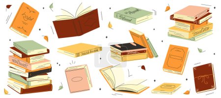 Ilustración de Montones de libros para leer, montones de libros de texto para la educación, conjunto - Imagen libre de derechos