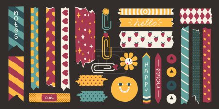 Stickers in the form of decorative adhesive tape, pieces, multi-colored, patterns, paper clips, pins, vector, flat design, set of elements