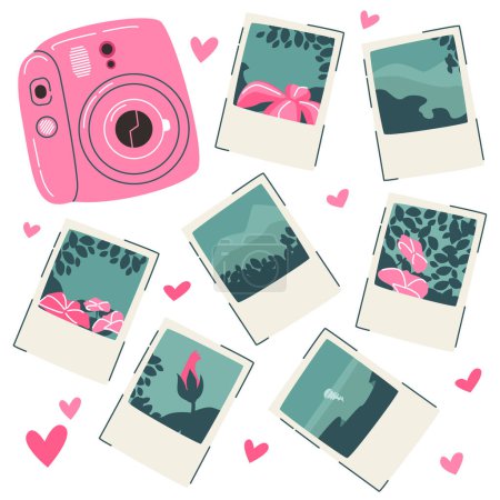 Ilustración de Dispositivo de cámara vintage con set de tarjeta fotográfica, aislado sobre fondo blanco - Imagen libre de derechos