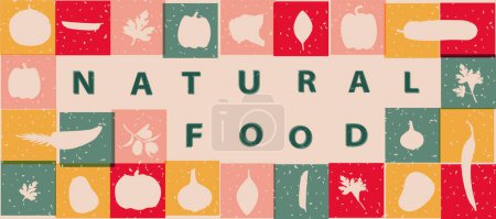Natural food banner in pop art, risograph style. Vegetables and inscription, bright colors