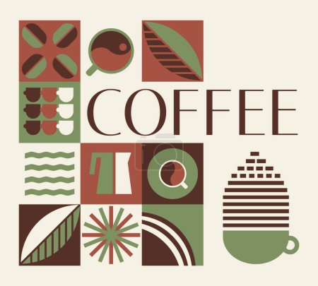 Bauhaus Geometrische Formen Illustration für Café- und Restaurantmenüs. Verpackung mit Kaffeezweig, Design für Geschäft, Karte, Druck