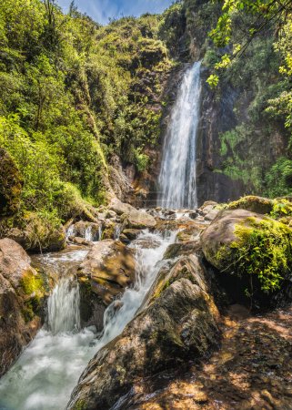 Foto de Foto vertical de la hermosa cascada tropical Mundug escondida en la provincia de Tungurahua en Ecuador en un hermoso día soleado - Imagen libre de derechos