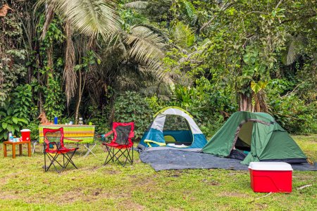Téléchargez les photos : Camping en forêt tropicale avec deux tentes, chaises, table de pique-nique, nourriture et boissons et glacière - en image libre de droit