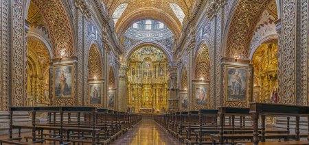 Photo for A 4 images panorama of the central nave. Its interior, entirely gilded, shines like a jewel and its paintings, sculptures, altars, cupola and pulpit have been carefully illuminated so that all details can be appreciated. - Royalty Free Image