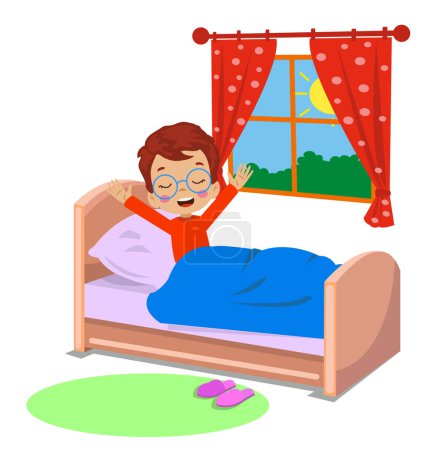 Ilustración de Lindo niño despertando en la mañana - Imagen libre de derechos