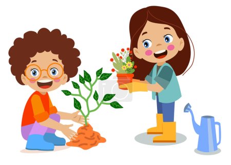 Ilustración de Lindo poco feliz chico plantando un arbolito - Imagen libre de derechos